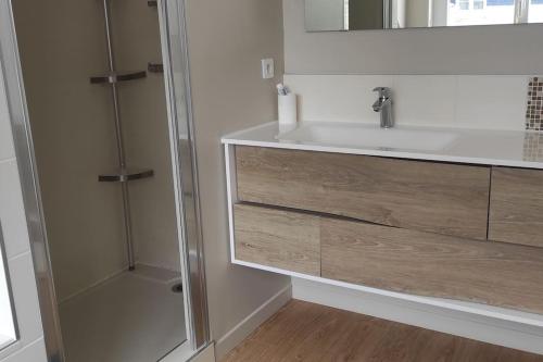 une salle de bain avec un lavabo et une douche dans l'établissement Superbe maison familiale à 50 m de la plage, à Concarneau