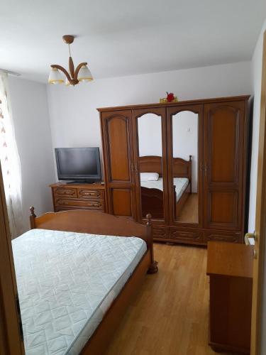 a bedroom with a bed and a dresser with a mirror at La Sandu Ocna in Ocna Sibiului