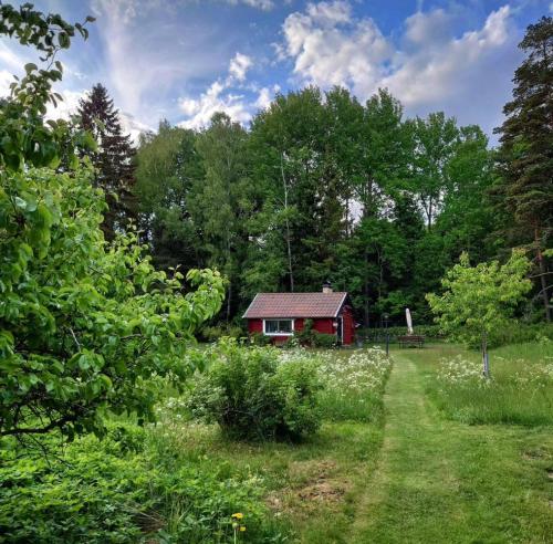 une petite maison rouge au milieu d'un champ dans l'établissement Egen stuga med delat badrum, à Norrtälje