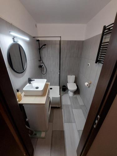 y baño con lavabo, aseo y espejo. en Apartament Black Sea 2 rooms - pokoje en Świnoujście