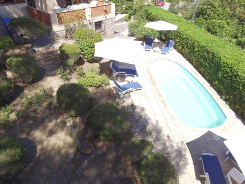 - une vue sur la piscine bordée de chaises et d'arbres dans l'établissement Mas provençal 8 personnes la Farigoulette aux Issambres, à Saint-Peïre-sur-Mer