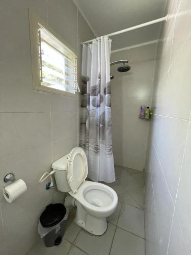 a bathroom with a toilet and a shower with a window at פרטיות וחוויה אצל יעקב וירדנה Privacy and an experience at Jacob and Yardena in El ‘Affūle
