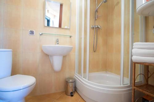 a bathroom with a toilet and a sink and a shower at WHY NOT Apartament widokowy. Ul. Kierpcówka 11/12 in Kościelisko