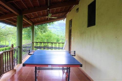 a blue ping pong table on a porch with avertisement at Wandr Zen in Khopoli