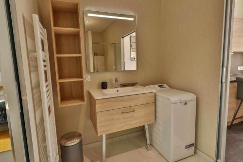 La salle de bains est pourvue d'un lavabo, d'un lave-linge et d'un sèche-linge. dans l'établissement Domaine Grand Piquecaillou - L'appartement Cerons, à Saint-Maixant