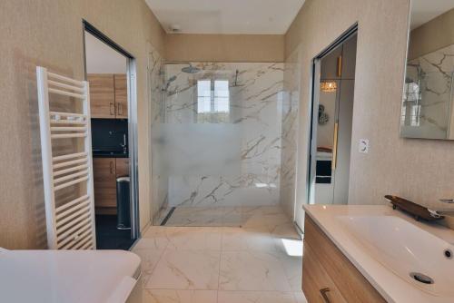 y baño con ducha, lavabo y aseo. en Domaine Grand Piquecaillou - L'appartement Cadillac, 