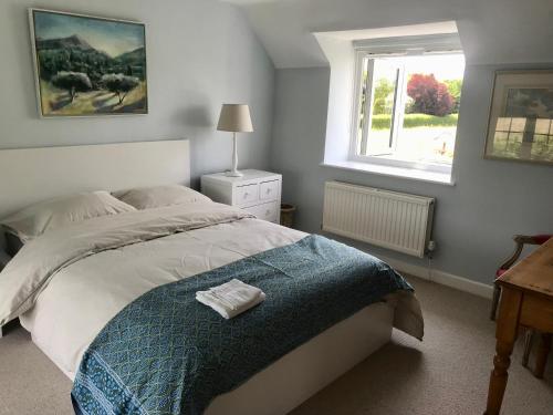 a bedroom with a bed with a blue blanket and a window at Charming modernized country cottage Near Mere, Wiltshire in Mere