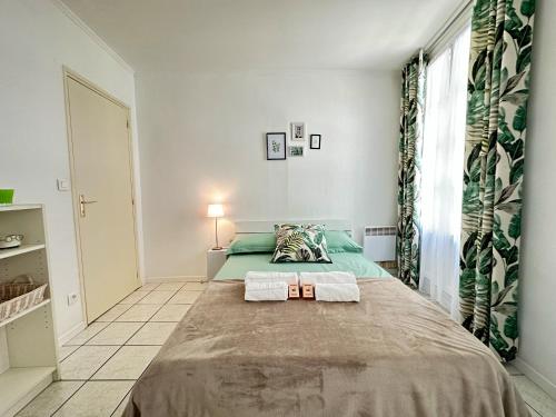 a bedroom with a large bed and a window at Polichinelle *Central *Charmant *Calme in Pézenas