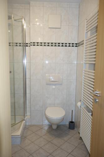 uma casa de banho com um WC e um chuveiro em Ferienwohnung der weite Blick mit Wellness em Winterberg
