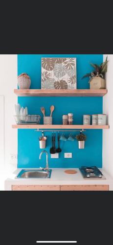 a kitchen with a sink and a blue wall at Le Falesie in Gaeta