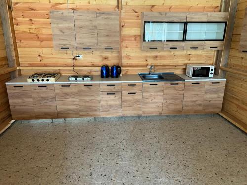 a kitchen with wooden cabinets and a counter top at Olympia in Gudauta