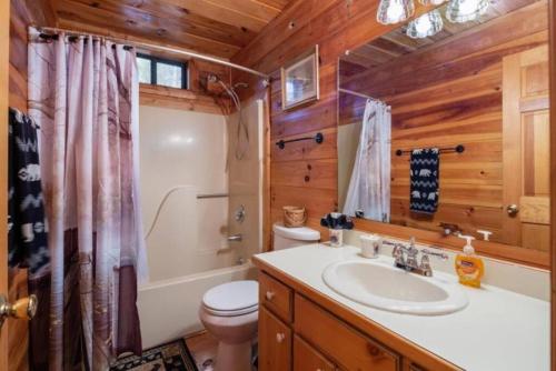 y baño con lavabo, aseo y ducha. en Mountain Time Cabin, Hot tub, Fire Pit, Fireplace, en Blue Ridge