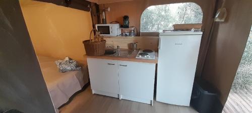 a small kitchen in a tiny house with a microwave at Logement Lodge au cœur de la Manade in Aigues-Mortes