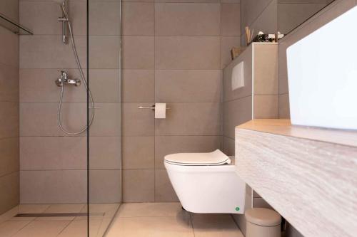 a bathroom with a toilet and a glass shower at Apartment in Silo with Two-Bedrooms 1 in Šilo