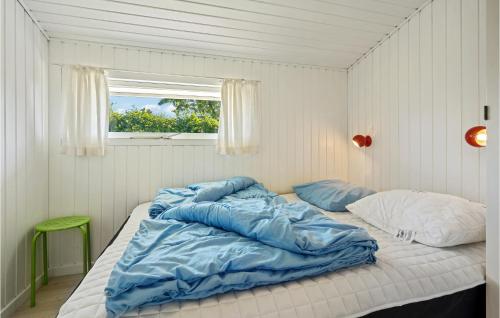 HejlsにあるAmazing Home In Hejls With 3 Bedrooms And Wifiのベッド(青い掛け布団付)、窓が備わります。