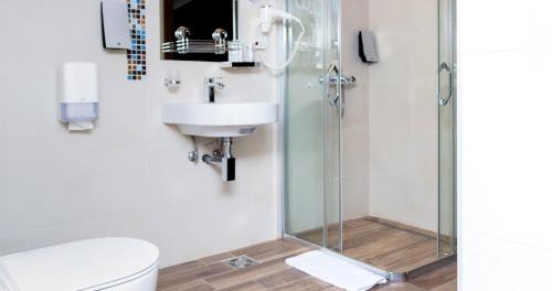 a bathroom with a shower and a toilet and a sink at Garni Hotel Mint in Belgrade