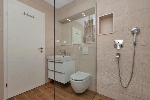 a bathroom with a toilet and a glass shower at Apartman Pelagos in Živogošće