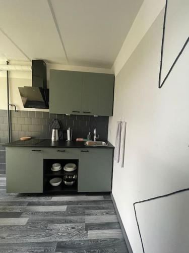 a kitchen with a sink and a counter top at Dzīvoklis ar skatu pār Alūksni in Alūksne