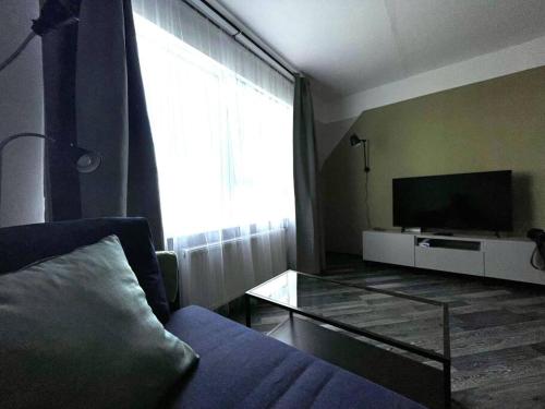a living room with a couch and a television at Dzīvoklis ar skatu pār Alūksni in Alūksne