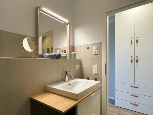 ein Bad mit einem Waschbecken und einem Spiegel in der Unterkunft HAUS IM SCHILF 2 - Ferienwohnungen am Hainer See bei Leipzig in Neukieritzsch