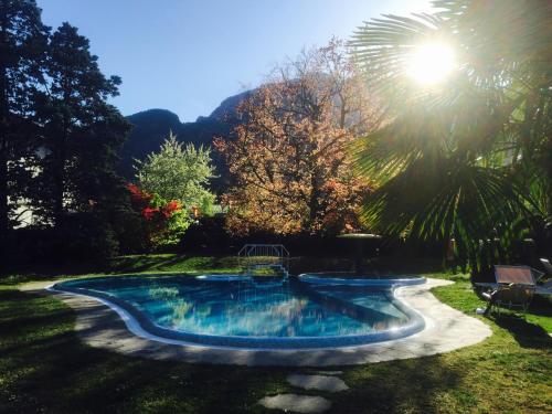 a swimming pool in a yard with a palm tree at Angerburg Blumenhotel in Appiano sulla Strada del Vino