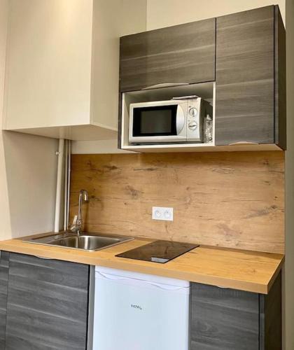 une cuisine avec un évier et un micro-ondes dans l'établissement L'idéal, à Saint-Étienne