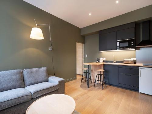 un salon avec un canapé et une cuisine dans l'établissement La cachette de Stanislas, à Nancy