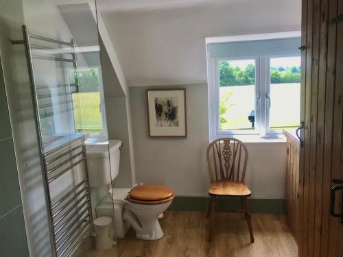 ein Bad mit einem WC, einem Fenster und einem Stuhl in der Unterkunft Charming modernized country cottage Near Mere, Wiltshire in Mere
