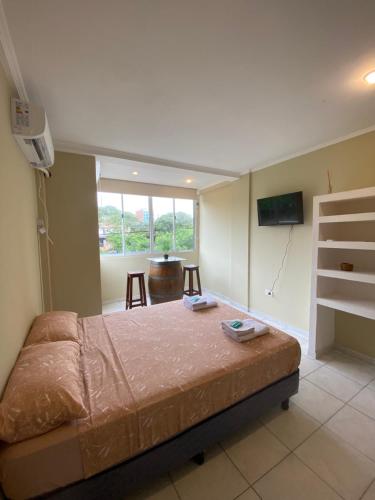 - une chambre avec un lit dans une pièce dotée d'une fenêtre dans l'établissement Los Girasoles Villa Sarita Posadas - 1B, à Posadas