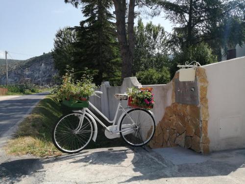 ein Fahrrad neben einem Zaun mit Blumentopfen darauf geparkt in der Unterkunft Villa Oasi in San Giuliano Terme