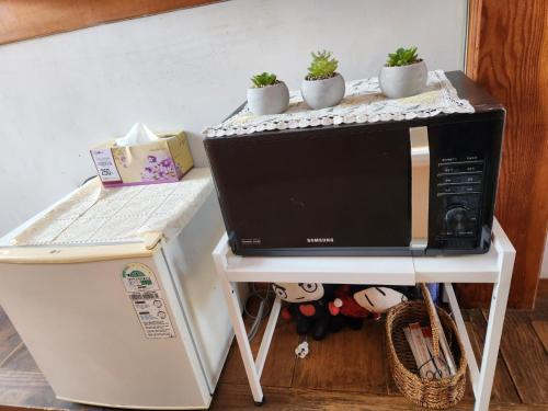 a microwave on a table with potted plants on it at Beautiful House in Jeonju