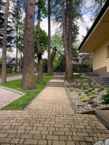 a brick walkway with trees in a park at Pokoje Sunshine World Suites in Zakopane