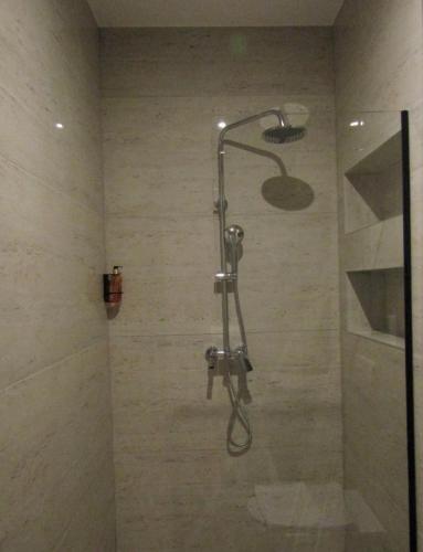 a shower with a shower head in a bathroom at Beach Hotel Božikovina in Podstrana