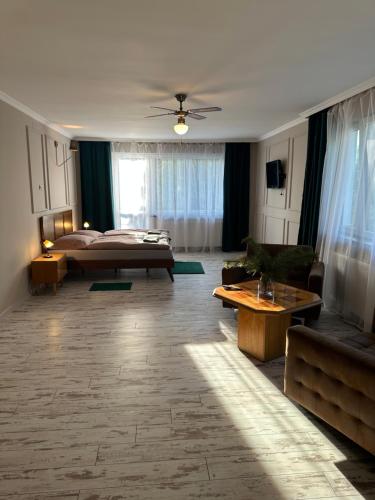 ein Wohnzimmer mit einem Bett und einem Sofa in der Unterkunft Noclegi Apartamenty Amla 
