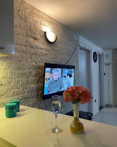 StannadanViolet في بودغوريتسا: طاولة مع إناء من الزهور وتلفزيون على الحائط