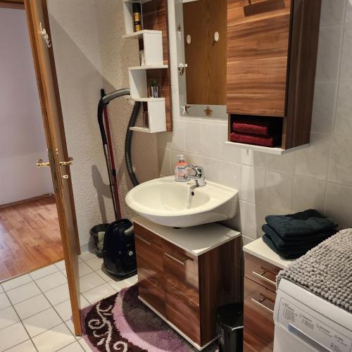 małą łazienkę z umywalką i lustrem. w obiekcie Merseburger Straße 402 w mieście Ammendorf