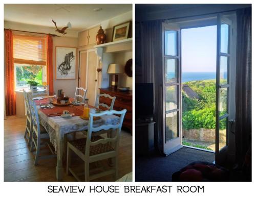 a kitchen and a dining room with a table and a window at Seaview House in Thurlestone
