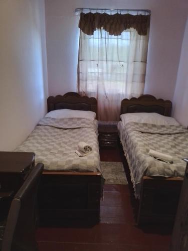 two twin beds in a room with a window at Tsvirmi Zviadi's guesthouse in Mestia