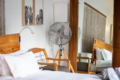 a bedroom with a fan and a bed at Qambathi Mountain Lodge in Kamberg Valley