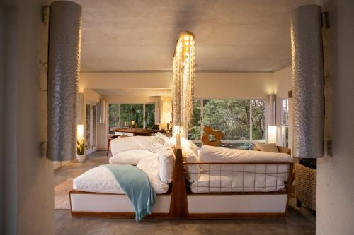 a bedroom with two beds and a large window at Qambathi Mountain Lodge in Kamberg Valley