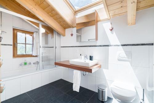 ein Bad mit einem Waschbecken, einer Dusche und einem WC in der Unterkunft Chalet Ulysse in Zermatt