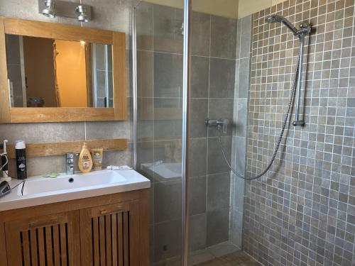 La salle de bains est pourvue d'une douche et d'un lavabo. dans l'établissement Villa coucher de soleil sur mer, à Algajola