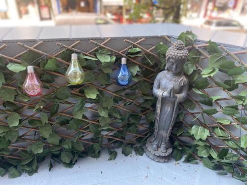a buddha statue next to a fence with plants at "Le petit bonlieu" au centre ville et à 300 m du lac in Annecy