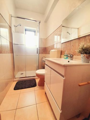 a bathroom with a shower and a toilet and a sink at Casa Rocha Relax in Aljezur