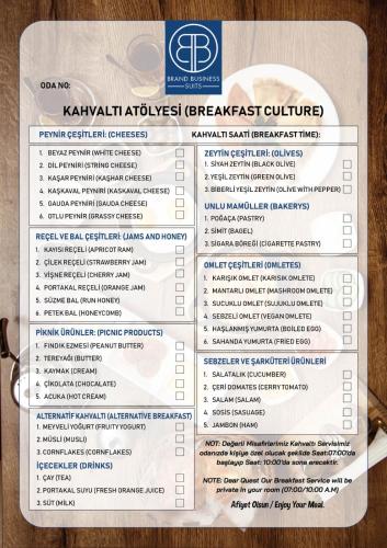 a menu for a restaurant sitting on a table at Brand Business Hotel in Corlu