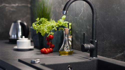 a kitchen sink with a faucet and vegetables on a counter at Apartamenty Lambert Ustronie Morskie in Ustronie Morskie