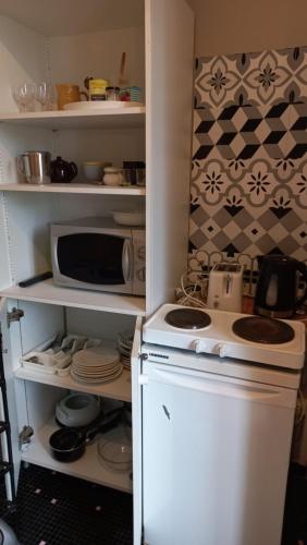 une petite cuisine avec une cuisinière et un micro-ondes dans l'établissement Maysou de Noé, à Salies-de-Béarn