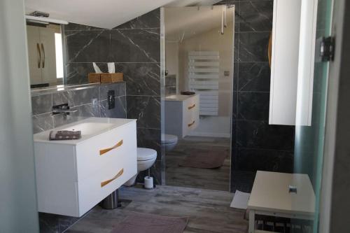 une salle de bain avec un lavabo, des toilettes et un miroir dans l'établissement Superbe villa contemporaine vue mer dans résidence avec piscine et tennis, à Hyères