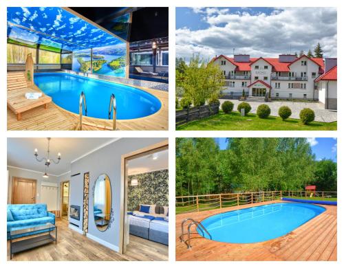 un collage de fotos de una casa y una piscina en SPA & RESORT BUKOWIEC, en Polańczyk