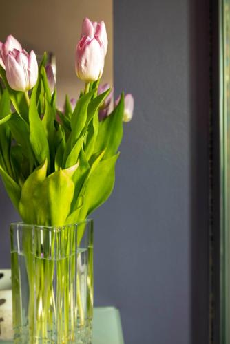a vase filled with pink flowers sitting on a table at R&B Il Melograno in Formigine